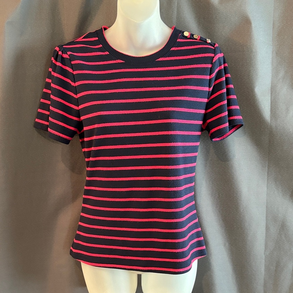 Draper James Navy and Pink Striped Button-Shoulder Tee